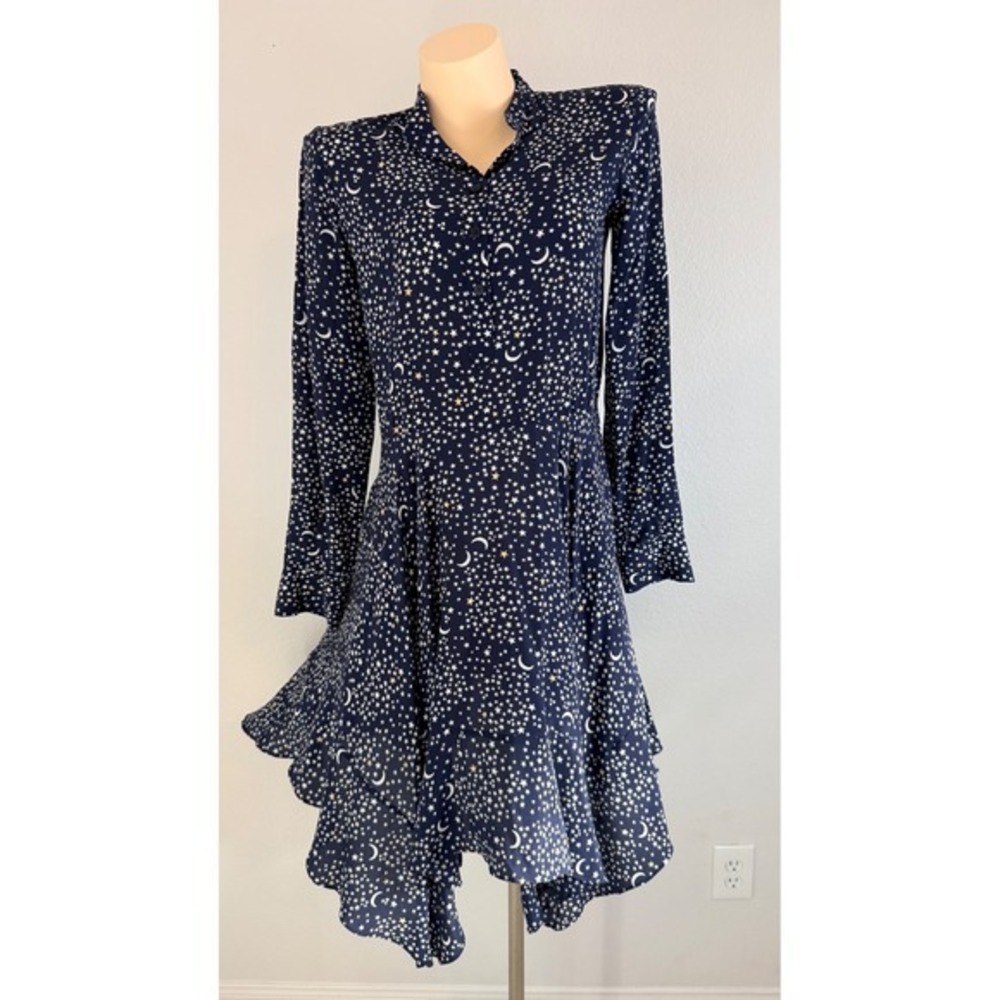 Stella McCartney Whimsigoth Celestial Silk Moon Star Asymmetrical Dress Navy 40